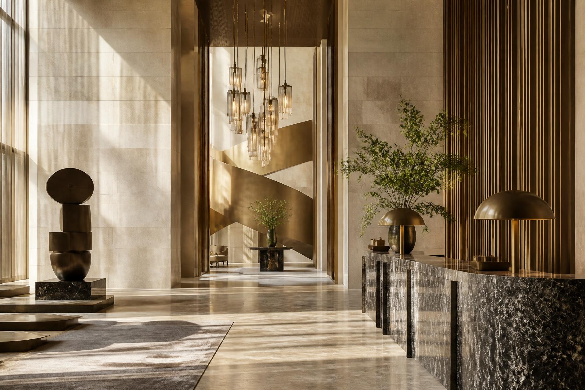 Premium architectural interior with stone and brass detailing